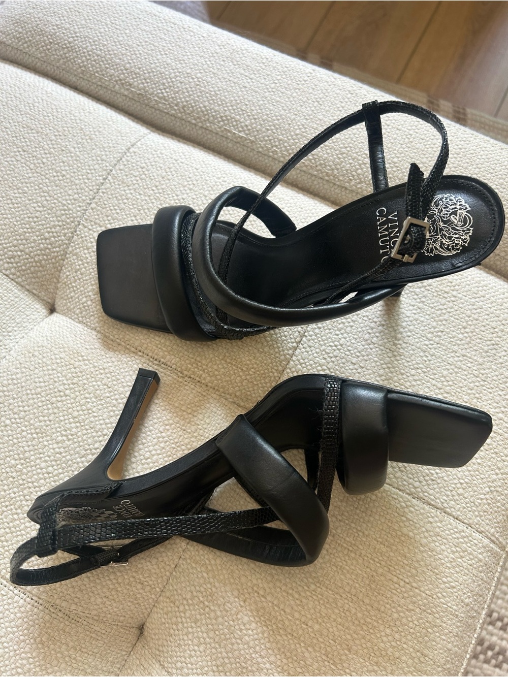 Vince Camuto Black Strappy Square-Toe Heel Sandals - Picture 3 of 5